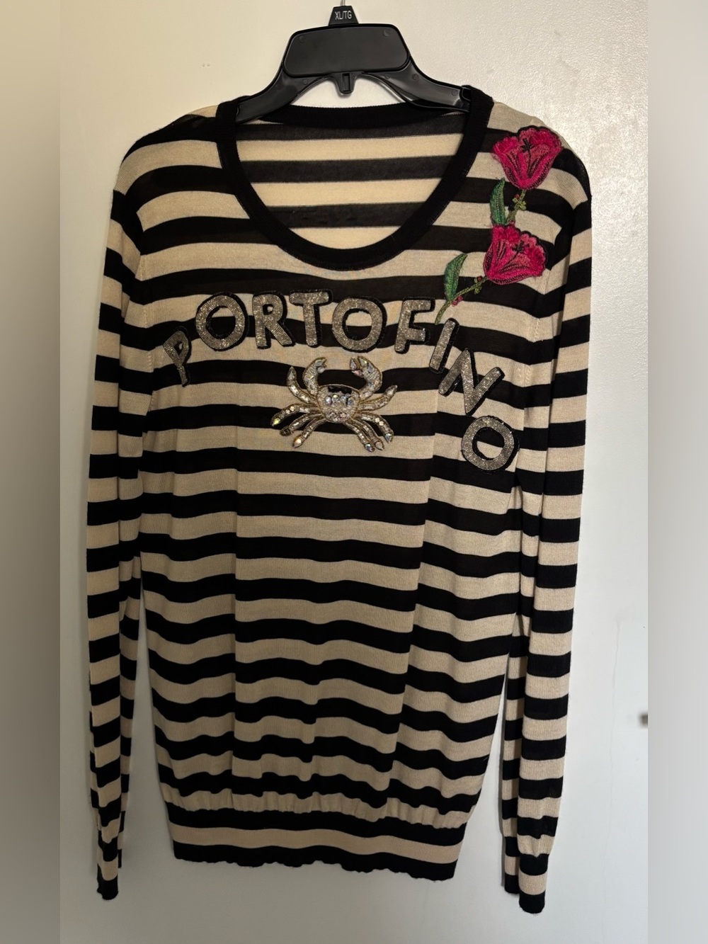 Dolce & Gabbana Black and Cream Striped Embellished Long-Sleeve Top